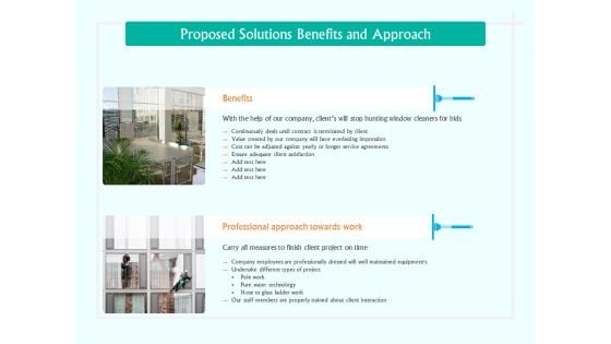 Corporate Building Window Cleaning Process Proposed Solutions Benefits And Approach Ppt Icon Grid PDF
