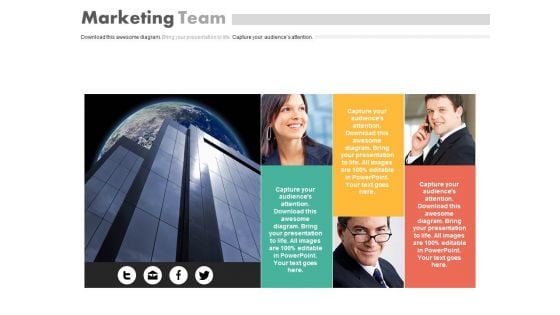 Corporate Building With Marketing Team Powerpoint Slides