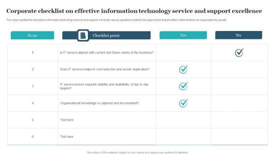 Corporate Checklist On Effective Information Technology Service And Support Excellence Designs PDF