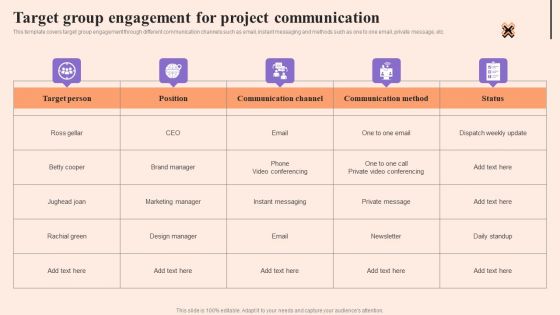 Corporate Communication Strategy Target Group Engagement For Project Communication Icons PDF