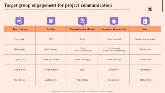 Corporate Communication Strategy Target Group Engagement For Project Communication Icons PDF