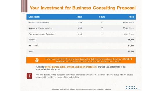 Corporate Consulting Your Investment For Business Consulting Proposal Ppt Summary Vector PDF