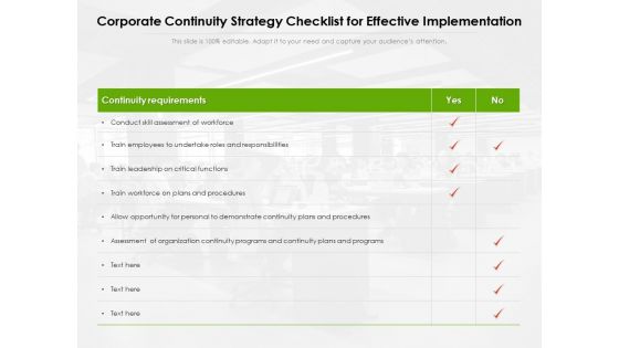 Corporate Continuity Strategy Checklist For Effective Implementation Ppt PowerPoint Presentation Icon Gallery PDF