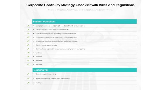 Corporate Continuity Strategy Checklist With Rules And Regulations Ppt PowerPoint Presentation Diagram Templates PDF