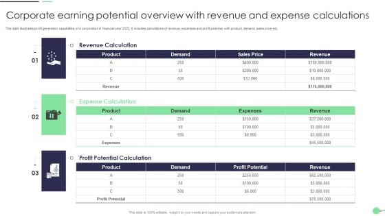 Corporate Earning Potential Overview With Revenue And Expense Calculations Brochure PDF