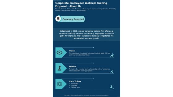 Corporate Employees Wellness Training Proposal About Us One Pager Sample Example Document