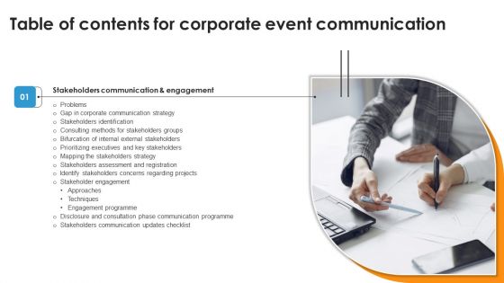 Corporate Event Communication Table Of Contents Ppt Inspiration Example PDF