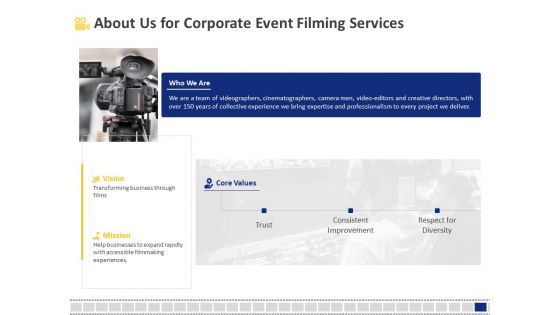 Corporate Event Filming About Us For Corporate Event Filming Services Ppt Infographics Maker PDF