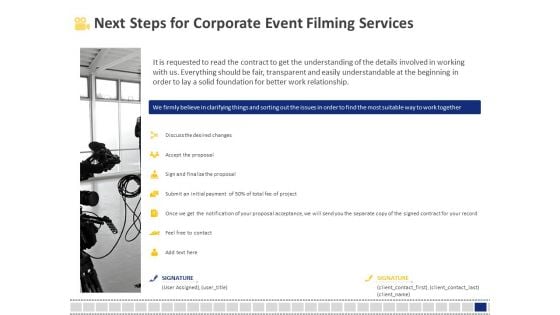 Corporate Event Filming Next Steps For Corporate Event Filming Services Ppt Icon Slides PDF