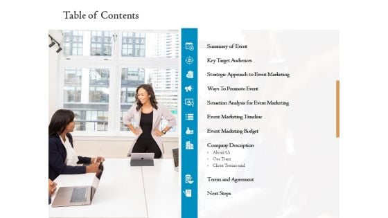 Corporate Event Planning Management Table Of Contents Ppt Model Infographics PDF