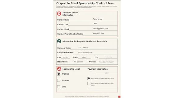 Corporate Event Sponsorship Contract Form One Pager Sample Example Document Corporate Event Sponsorship Contract Form One Pager Sample Example Document