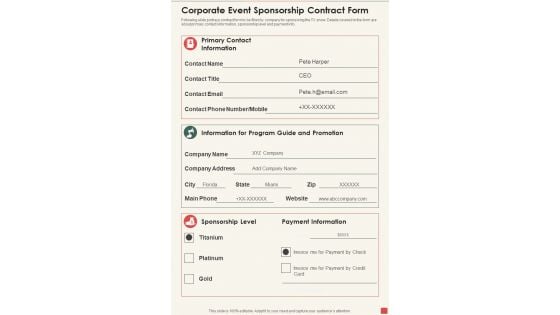 Corporate Event Sponsorship Contract Form One Pager Sample Example Document