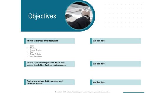 Corporate Execution And Financial Liability Report Objectives Icons PDF