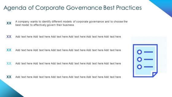 Corporate Governance Best Practices Agenda Of Corporate Governance Best Practices Diagrams PDF