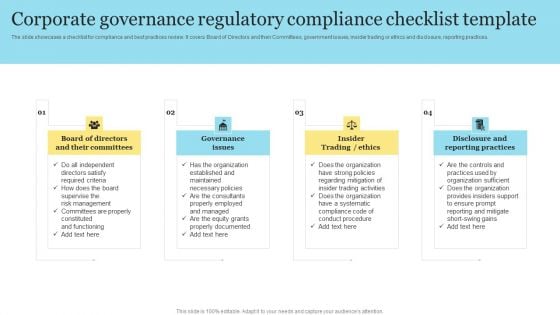 Corporate Governance Regulatory Compliance Checklist Template Designs PDF