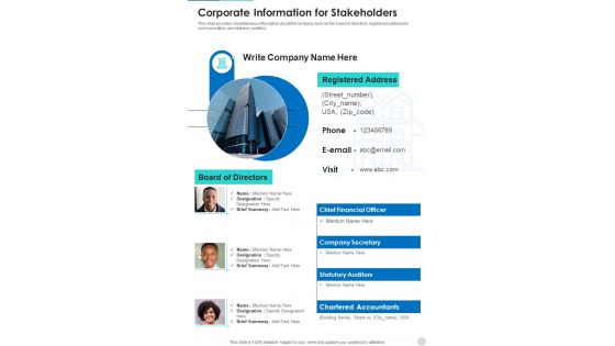 Corporate Information For Stakeholders One Pager Documents