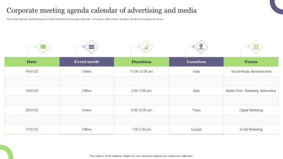 Corporate Meeting Agenda Calendar Of Advertising And Media Clipart PDF