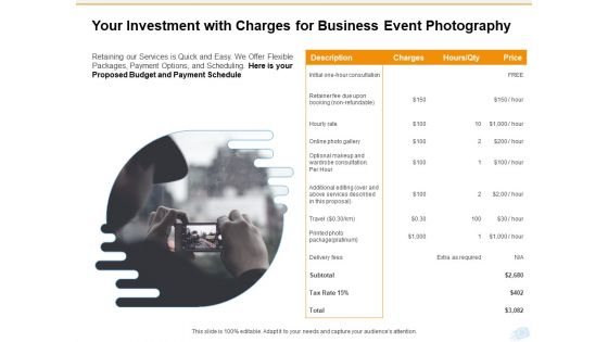 Corporate Occasion Videography Proposal Your Investment With Charges For Business Event Photography Rules PDF