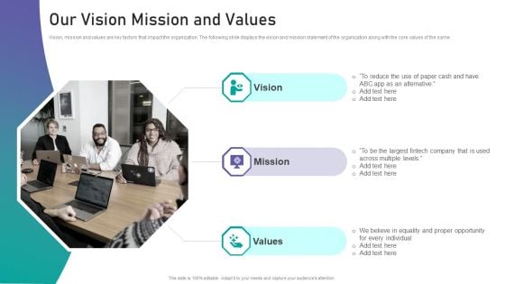 Corporate Organization Playbook Our Vision Mission And Values Ppt Infographic Template Gridlines PDF