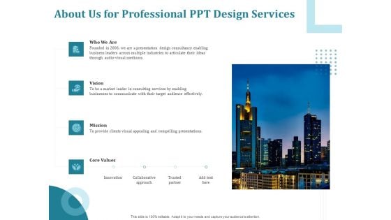 Corporate PPT Design About Us For Professional PPT Design Services Ppt Icon Guidelines PDF