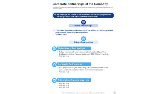 Corporate Partnerships Of The Company One Pager Documents