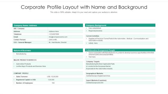 Corporate Profile Layout With Name And Background Ppt Ideas Summary PDF