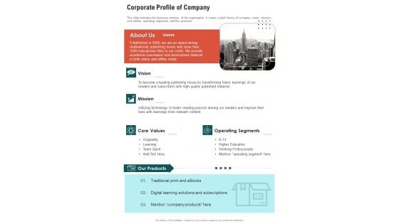 Corporate Profile Of Company One Pager Documents Corporate Profile Of Company One Pager Documents
