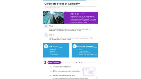 Corporate Profile Of Company Template 341 One Pager Documents