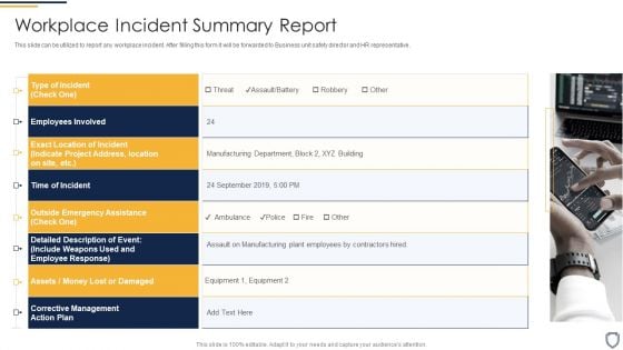 Corporate Security And Risk Management Workplace Incident Summary Report Background PDF