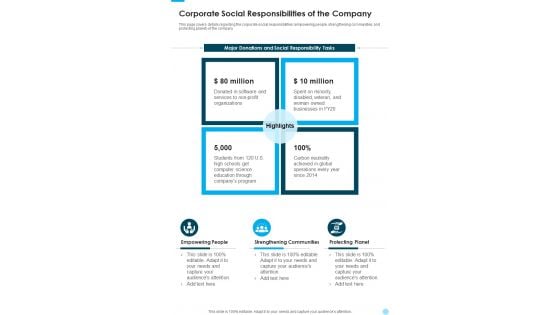 Corporate Social Responsibilities Of The Company One Pager Documents