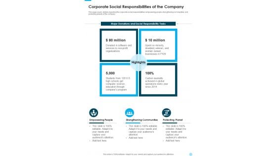 Corporate Social Responsibilities Of The Company One Pager Documents Corporate Social Responsibilities Of The Company One Pager Documents
