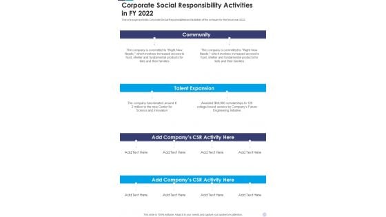 Corporate Social Responsibility Activities In FY 2022 One Pager Documents