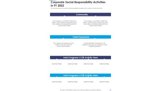 Corporate Social Responsibility Activities In FY 2022 One Pager Documents Corporate Social Responsibility Activities In FY 2022 One Pager Documents