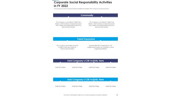 Corporate Social Responsibility Activities In FY 2022 One Pager Documents