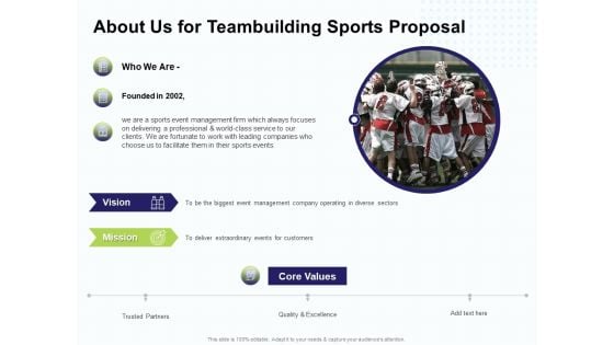 Corporate Sports Team Engagement About Us For Teambuilding Sports Proposal  Graphics PDF