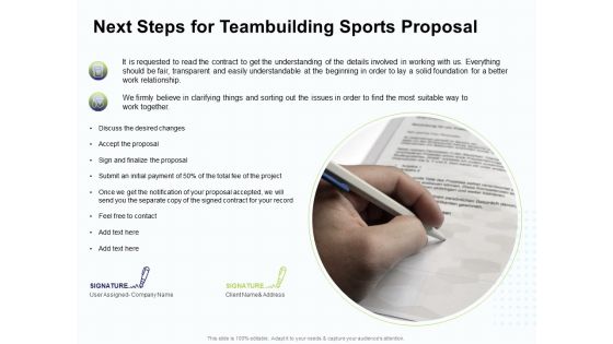 Corporate Sports Team Engagement Next Steps For Teambuilding Sports Proposal Icons PDF