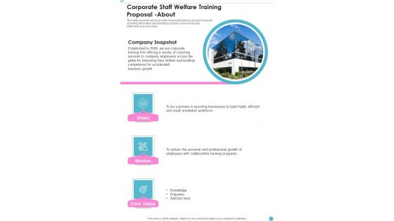 Corporate Staff Welfare Training Proposal About One Pager Sample Example Document