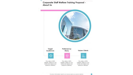 Corporate Staff Welfare Training Proposal About Us One Pager Sample Example Document