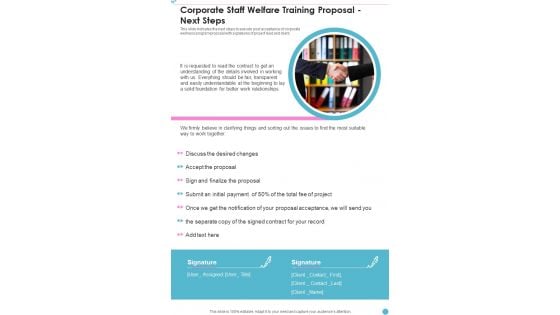 Corporate Staff Welfare Training Proposal Next Steps One Pager Sample Example Document