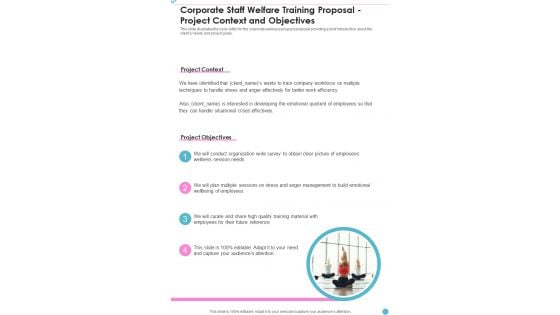 Corporate Staff Welfare Training Proposal Project Context And Objectives One Pager Sample Example Document