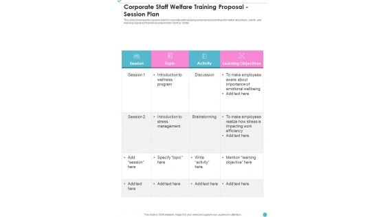 Corporate Staff Welfare Training Proposal Session Plan One Pager Sample Example Document