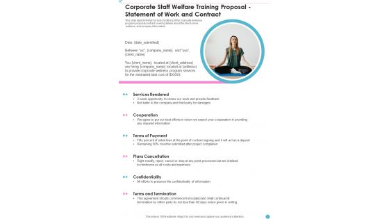 Corporate Staff Welfare Training Proposal Statement Of Work And Contract One Pager Sample Example Document