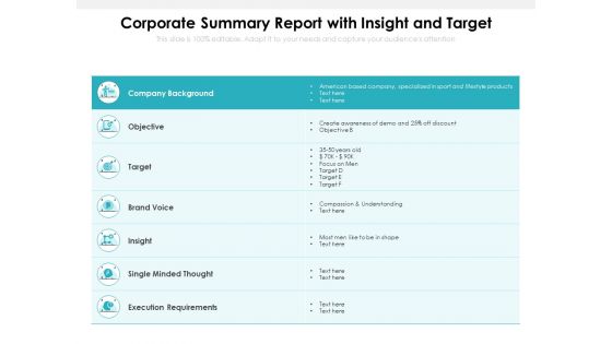 Corporate Summary Report With Insight And Target Ppt PowerPoint Presentation Icon Pictures PDF