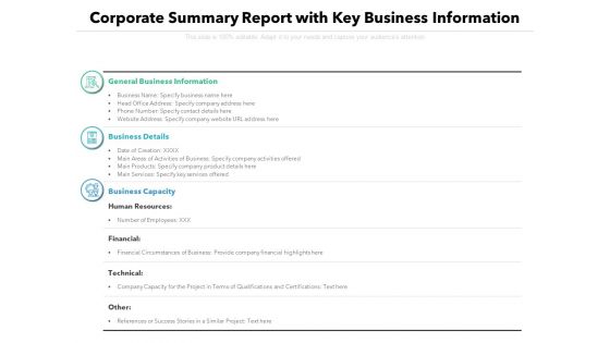 Corporate Summary Report With Key Business Information Ppt PowerPoint Presentation File Graphics Download PDF