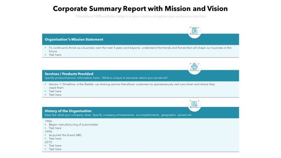 Corporate Summary Report With Mission And Vision Ppt PowerPoint Presentation File Examples PDF