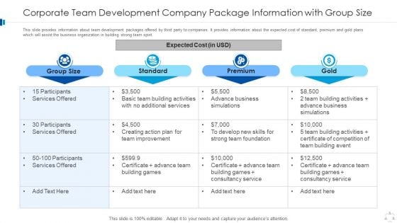 Corporate Team Development Company Package Information With Group Size Demonstration PDF