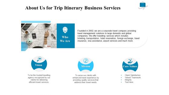 Corporate Travel Itinerary About Us For Trip Itinerary Business Services Ppt Gallery Background PDF