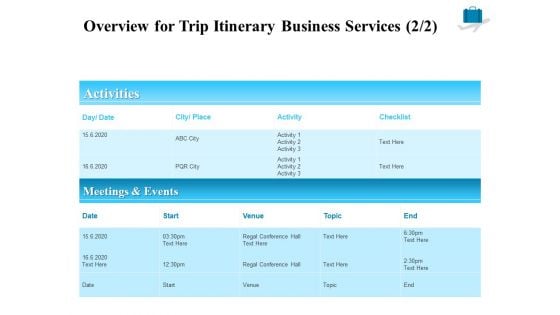 Corporate Travel Itinerary Overview For Trip Itinerary Business Services Ppt Show Grid PDF