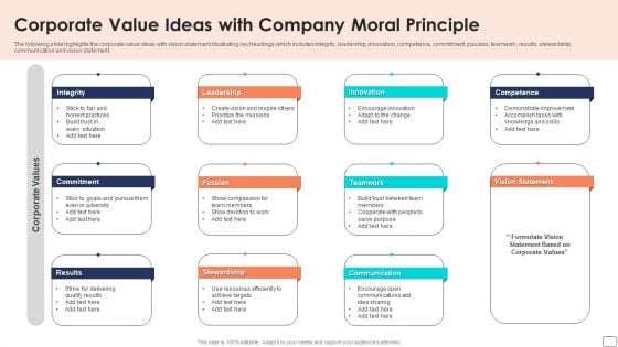 Corporate Value Ideas With Company Moral Principle Ppt Portfolio Designs PDF