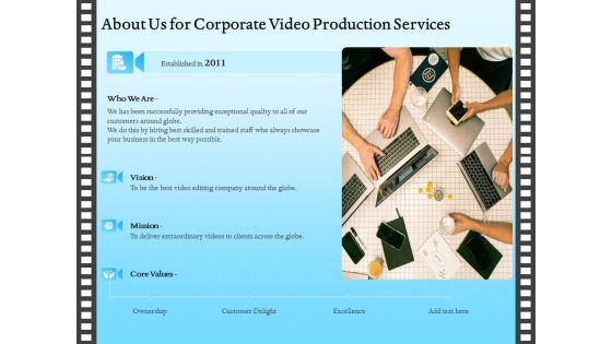 Corporate Video About Us For Corporate Video Production Services Icons PDF